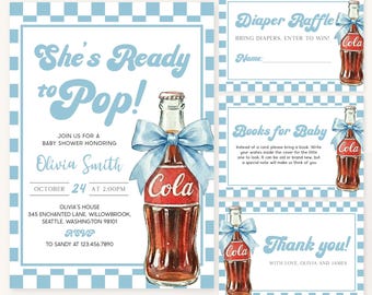 She's Ready to Pop Baby Shower Invitation Bundle | Blue Gingham Cola Baby Shower Set | Soda Shower Pack | Boy Bow Soda Invite Kit | BS53