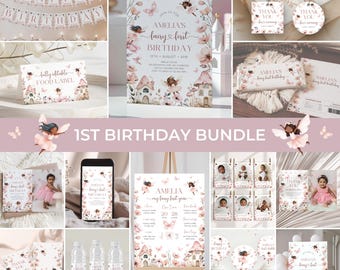 Black Fairy 1st Birthday Bundle | Magical Fairy Birthday Invitation Set | Floral Fairy Garden Birthday Decor | Girl Birthday Package | BD34