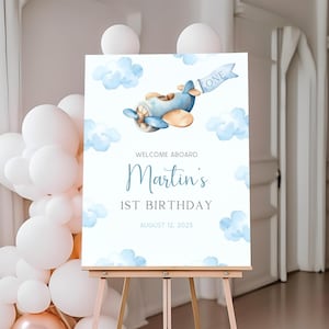 Letrero de bienvenida para primer cumpleaños de avión / Póster de bienvenida de cumpleaños "El tiempo vuela" / Tablero para fiesta de cumpleaños de avión / Decoración para fiesta de primer cumpleaños de niño / BD4
