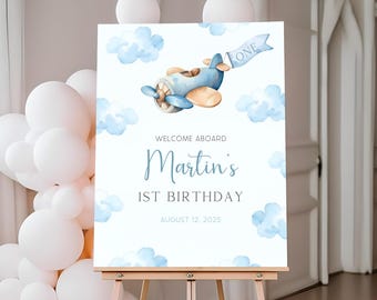 Airplane 1st Birthday Welcome Sign | Time Flies Birthday Welcome Poster | Boy First Flight Birthday Party Decor | Plane Welcome Board | BD4