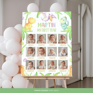 May include: A baby's first year photo poster featuring the name "Martin" and the text "My First Year." The poster includes 12 baby photos, one for each month, and is decorated with dinosaur illustrations and green foliage. The poster size is 16x20 or 18x24 inches.