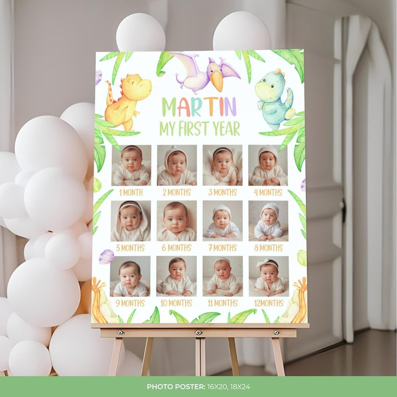 May include: A baby's first year photo poster featuring the name "Martin" and the text "My First Year." The poster includes 12 baby photos, one for each month, and is decorated with dinosaur illustrations and green foliage. The poster size is 16x20 or 18x24 inches.