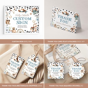 May include: A collection of printable baby shower stationery with a cowboy theme. Includes a custom sign, thank you cards, and gift tags. The designs feature a cowboy hat, horseshoe, and other western elements. The sign reads "Fully Editable Custom Sign".