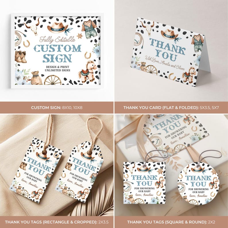May include: A collection of printable baby shower stationery with a cowboy theme. Includes a custom sign, thank you cards, and gift tags. The designs feature a cowboy hat, horseshoe, and other western elements. The sign reads "Fully Editable Custom Sign".