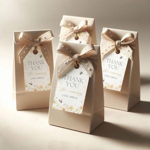 May include: Four beige gift bags with tags and bows. Each bag has a tag that reads "THANK YOU for coming LOVE, AMELIA" with a floral and bee design. The bags are tied with a beige ribbon with white polka dots.
