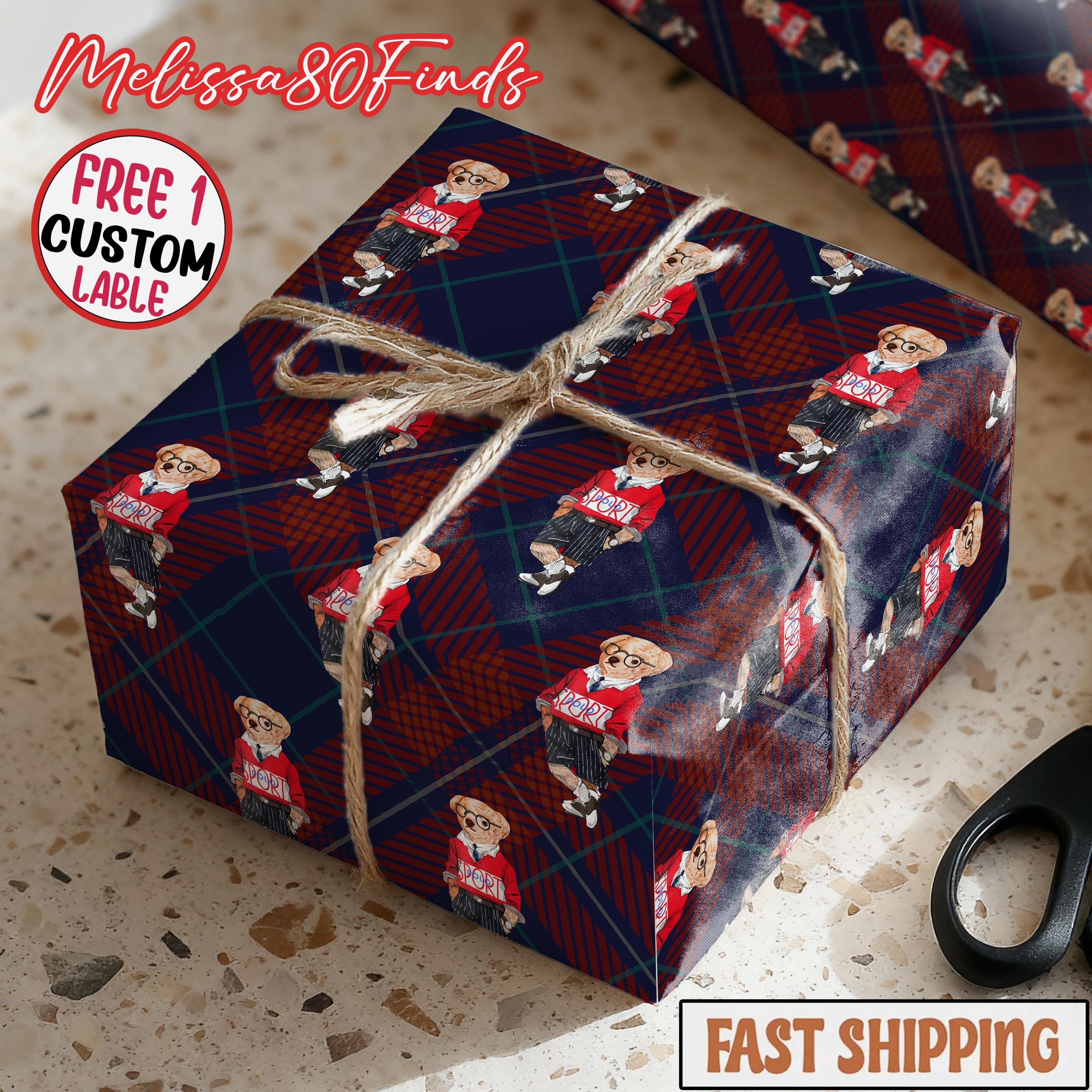 Discover Vintage Christmas Teddy and Pinstripe Wrapping Paper, Preppy Holiday Gift Wrap