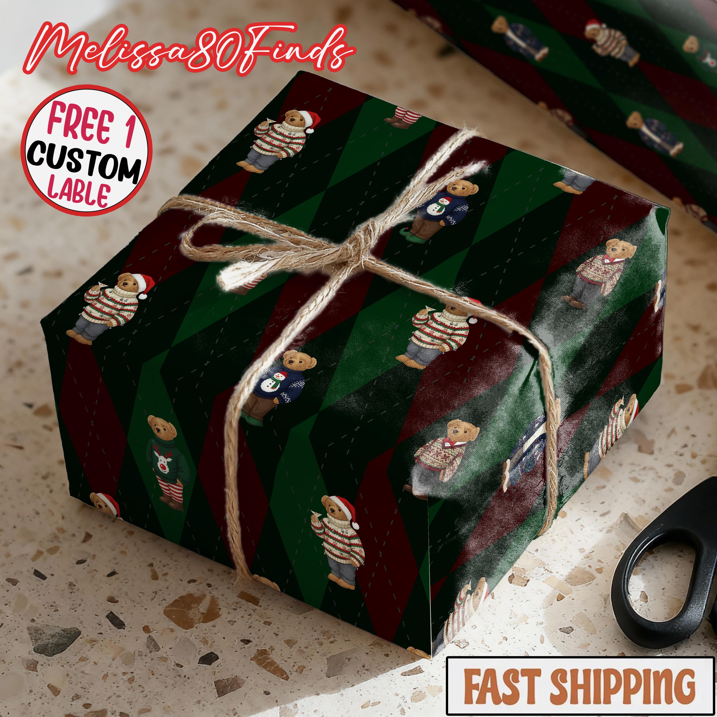 Discover Tartan Teddy Bear Christmas Gift Wrap, Elegant Preppy Holiday Gift Wrapping Paper, Bear Theme Baby Shower Boy Gift Wrap