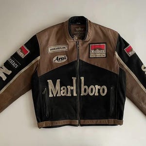 Kurtka motocyklowa Vintage Marlboro Brown Racing - Retro Bike Gear ze skóry zamszowej - Streetwear z lat 80. dla mężczyzn