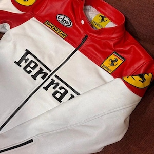 Vintage Ferrari Racing Team Leather Jacket – Red & White Motorsport Style Streetwear