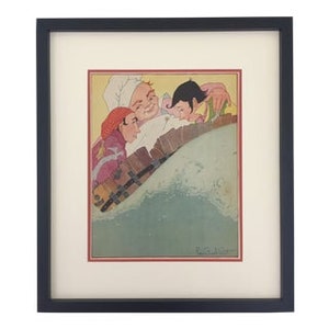 May include: A vintage illustration of three people in a boat. The boat is being tossed about by waves. The people are smiling and appear to be enjoying themselves. The illustration is in a colorful style with a yellow background.
