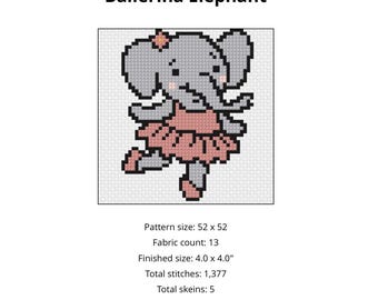 Ballerina Elephant Cross Stitch Pattern PDF | Cute Ballet Needlepoint Pattern | Instant Download