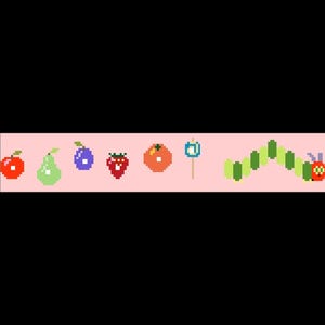 May include: Pixelated illustration of various fruits and a caterpillar on a pink background. The fruits include a red apple, green pear, purple plum, red strawberry, and orange fruit. A blue and white lollipop and a green caterpillar with a red head are also present.
