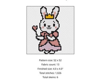 Princess Bunny Cross Stitch Pattern PDF | Cute Rabbit Needlepoint Pattern | Instant Download