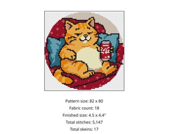 Fat Cat with Cola Cross Stitch Pattern PDF | Needlepoint Pattern | Cute Cat Instant Download