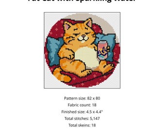 Fat Cat with Sparkling Water Cross Stitch Pattern PDF | Needlepoint Pattern | Cute Cat Instant Download
