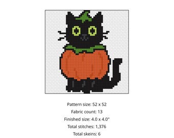 Pumpkin Kitty Cross Stitch Pattern PDF | Halloween Black Cat Needlepoint Pattern | Instant Download