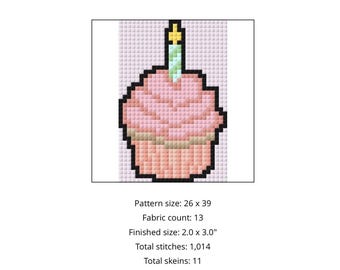 Birthday Cupcake Cross Stitch Pattern - Mini Cake with Candle - Digital PDF Download