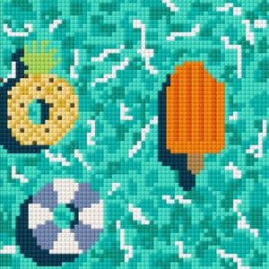 May include: A pixelated illustration featuring a pineapple ring, an orange popsicle, and a life preserver on a turquoise background with white wavy lines. The design evokes a summer or beach theme.