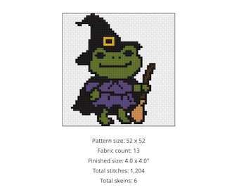 Witch Frog Cross Stitch Pattern PDF | Halloween Frog Needlepoint Pattern | Instant Download