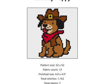 Cowboy Puppy Cross Stitch Pattern PDF | Western Dog Needlepoint Pattern | Instant Download