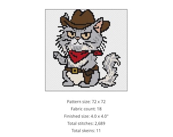 Cowboy Cat Cross Stitch Pattern PDF | Western Cat Needlepoint Pattern | Instant Download