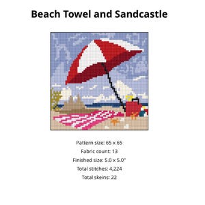 Peut inclure: Motif de point de croix intitulé "Serviette de plage et château de sable". Le motif présente un parasol rayé rouge et blanc, une serviette rayée rose et blanche et un sac de plage rouge. La taille finie est de 12,7 x 12,7 cm.