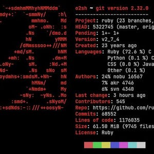 Könnte beinhalten: Ein Screenshot eines Terminalfensters, das die Git-Version 2.32.0 für das Ruby-Projekt anzeigt. Das Projekt hat 23 Branches, 1138 Tags und wurde vor 23 Jahren erstellt. Der Code ist hauptsächlich in Ruby und C geschrieben, mit einem kleinen Prozentsatz an Python, C++, CSS, JavaScript und anderen Sprachen.