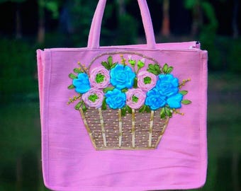 手作りの花柄刺繍入りジッパー付きトートバッグ - Etsy 日本