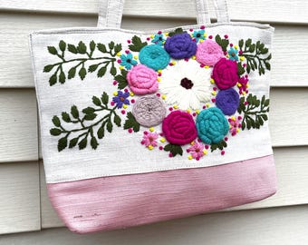 手作りの花柄刺繍入りジッパー付きトートバッグ - Etsy 日本