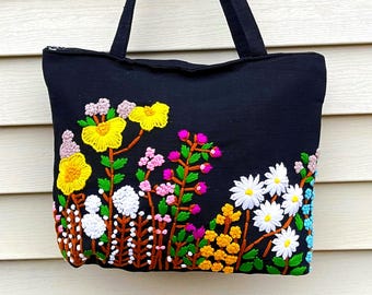 手作りの花柄刺繍入りジッパー付きトートバッグ - Etsy 日本