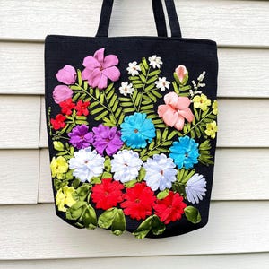 Handcrafted Ribbon Embroidery Tote Bag: Unique Floral Design