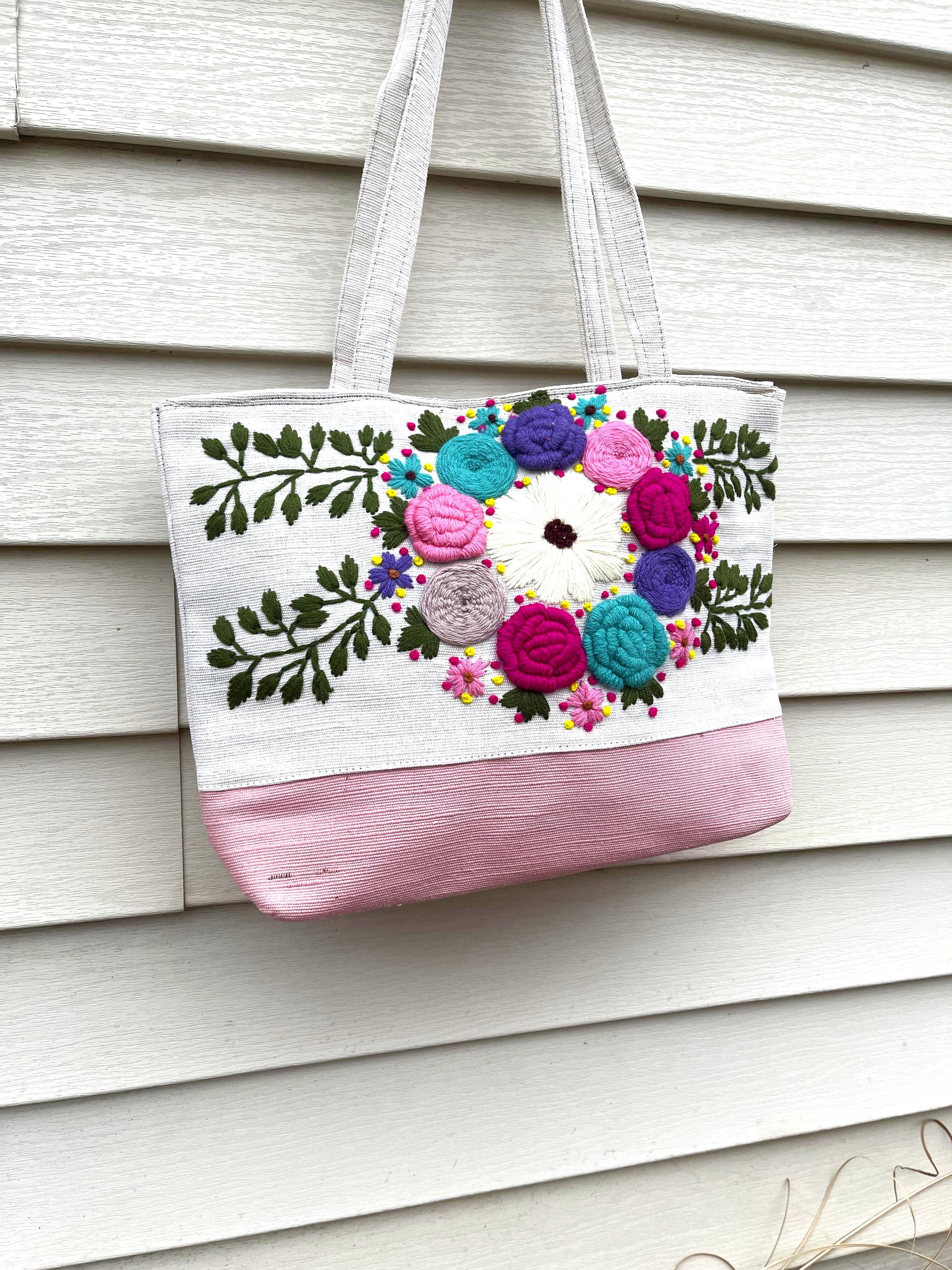 手作りの花柄刺繍入りジッパー付きトートバッグ - Etsy 日本