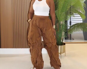 Women's Brown Ruffle Drawstring Pants