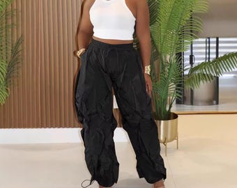 Women's Black Ruffle Drawstring Pants
