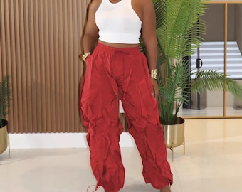 Women's Red Ruffle Drawstring Pants