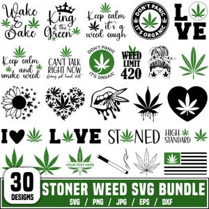 Puede incluir: Un conjunto de 30 diseños SVG con temática de fumeta. Los diseños incluyen hojas de cannabis, textos como "Wake & Bake" y "Stoned", y otros gráficos relacionados. Disponible en formatos SVG, PNG, JPG, EPS y DXF.