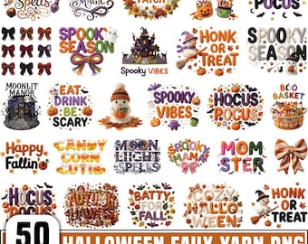 Halloween Faux Yarn Png Bundle, Spooky Season Monster Ghost Boo Coquette Bow, Crochet Knit Halloween Shirt Design, Kids Trick or Treat Png