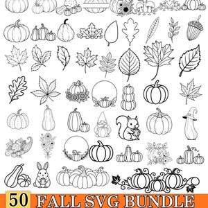 Op de afbeelding: Zwart-wit lijntekeningen van pompoenen, bladeren en herfstthema's. Bevat een eekhoorn, konijn en kabouter. De tekst onderaan luidt "50 Fall SVG Bundle" met bestandstype-opties. Een verzameling herfstontwerpen.