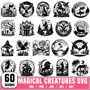 May include: A set of 60 black and white magical creature designs available in SVG, PNG, JPG, EPS, and DXF formats. The designs feature illustrations of mythical creatures such as a mermaid, owl, and lion.