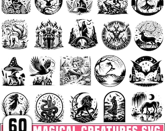 Creature magiche SVG, creature animali mitologiche e fantasy, fate, driade, clipart PNG SVG, file per taglio e incisione laser