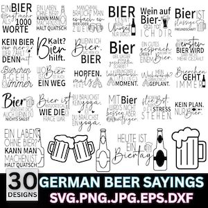 May include: A selection of 30 German beer sayings in black and white. The image features beer-related quotes and phrases, alongside beer mugs and bottles. The text is in a handwritten style, ideal for craft projects and designs.