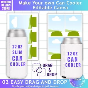 2oz Can Cooler & 12oz Slim Can Cooler Editable Canva Template, Beer Cooler Canva Frames, Drag and Drop, DIY Bottle Cooler Blank Template