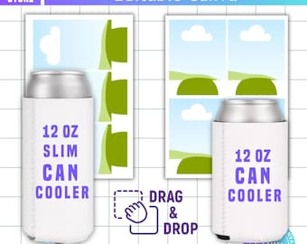 Modello Canva modificabile per refrigeratore per lattine da 2 oz e refrigeratore per lattine slim da 12 oz, cornici Canva per refrigeratori di birra, trascina e rilascia, modello vuoto per refrigeratore di bottiglie fai da te