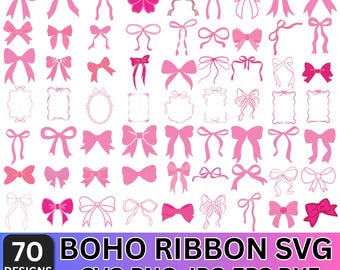 Pacchetto di 70 nastri SVG Boho: disegni per civette, fiocchi per capelli e papillon. Include clipart di fiocchi disegnati a mano nei formati SVG, PNG e Cricut.