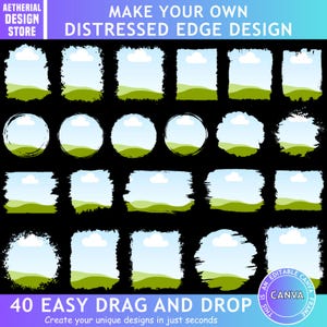 Puede incluir: Un producto de diseño digital con 40 diseños de bordes desgastados en varias formas, incluyendo rectángulos y círculos, con una escena de paisaje en el interior. El texto dice "Make Your Own Distressed Edge Design" y "40 Easy Drag and Drop".