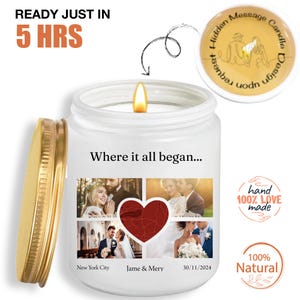 Bougie photo personnalisée avec coordonnées : cadeau de fiançailles personnalisé pour lui | Bougie de soja à message caché