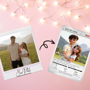 Tarjeta de pareja personalizada con dibujos animados 2D: tarjeta de Pixar personalizada con foto de pareja, nombres y rasgos. Un regalo de recuerdo para tu pareja.