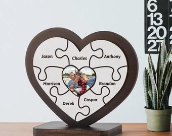 Personalized Photo Heart Puzzle, Custom Family Name Wooden Ornament