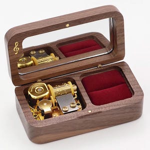 Custom Personalized Wood Music Box Ring box Mirror, Wood Engraved Text and Pattern Jewelry Music Box Anniversary Gifts, Engagement Gift box