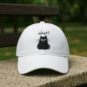 Funny Black Cat Embroidered Baseball Cap Wash Hat | Cute What? Cat Hat Gift | Adjustable Dad Hat for Cat Lovers Men Women